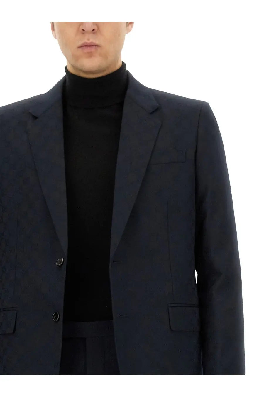 Navy blue wool Gucci men’s jacquard dress blazer with notched lapels and two front buttons