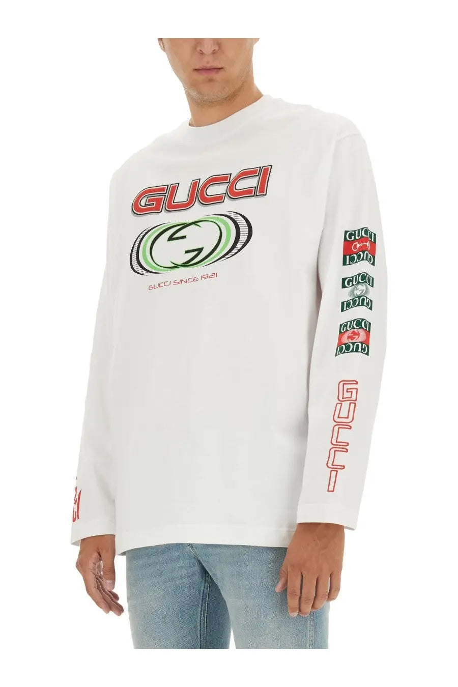 Gucci men’s white jersey long-sleeve t-shirt with bold red and green logo and vertical sleeve branding