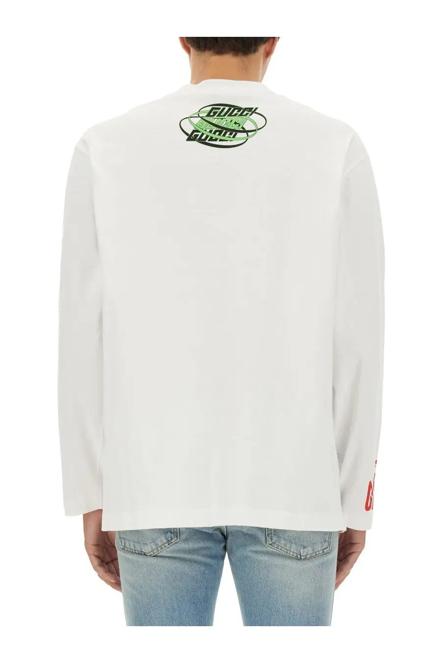 White gucci men’s long-sleeved jersey shirt with neon green and black logo on back and red sleeve cuff branding