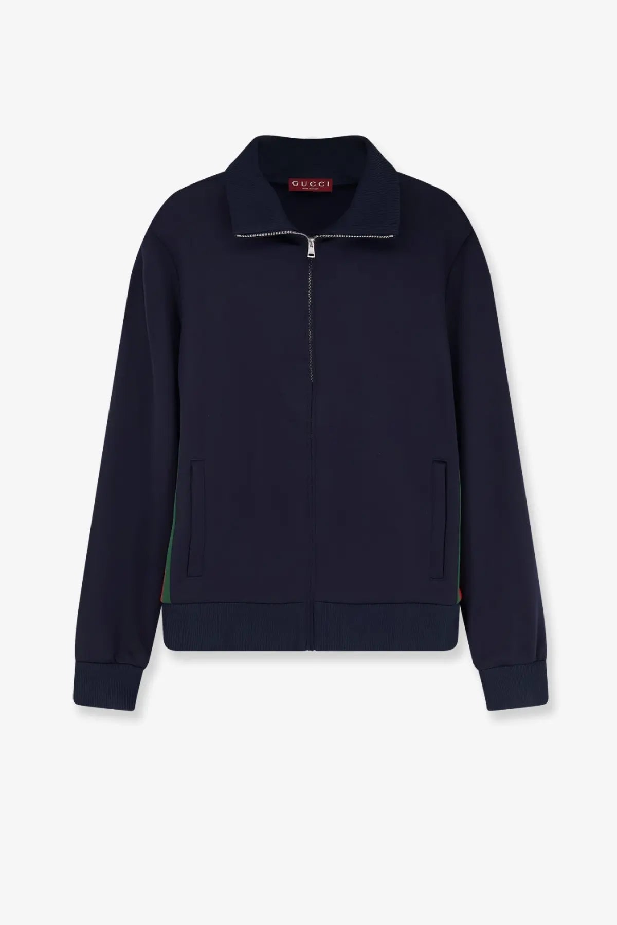 Gucci men’s dark navy jersey zip-up sweatshirt with ribbed cuffs and hem and green and red side stripes