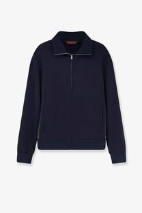 Gucci men’s dark navy jersey zip-up sweatshirt with ribbed cuffs and hem and green and red side stripes