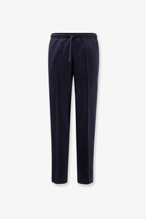Gucci men’s jersey trouser blue dark navy track pants with drawstring waistband and multicolored vertical stripes