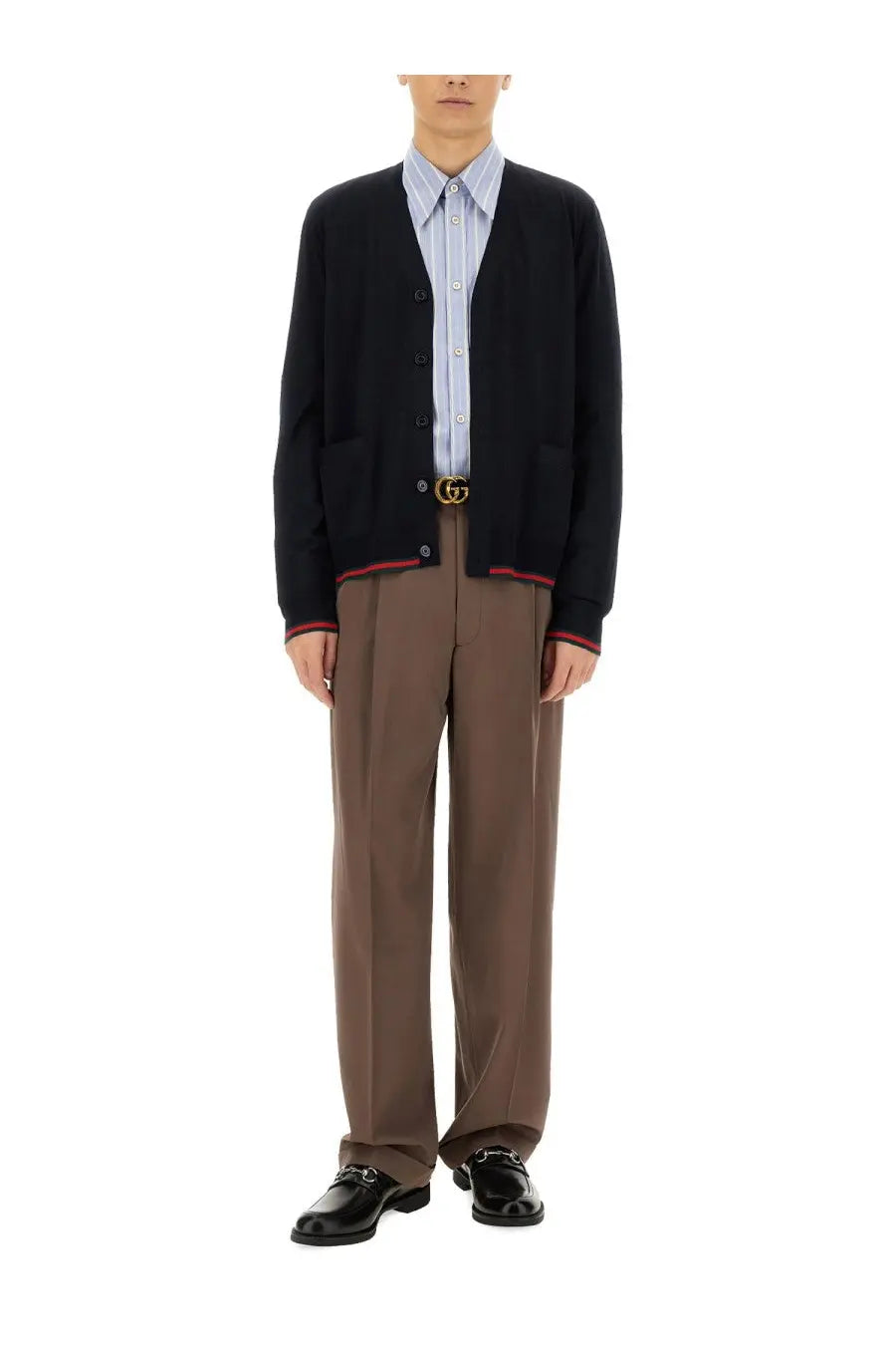 Gucci men’s knitted wool cardigan in black with red and white striped trim on sleeves and collar