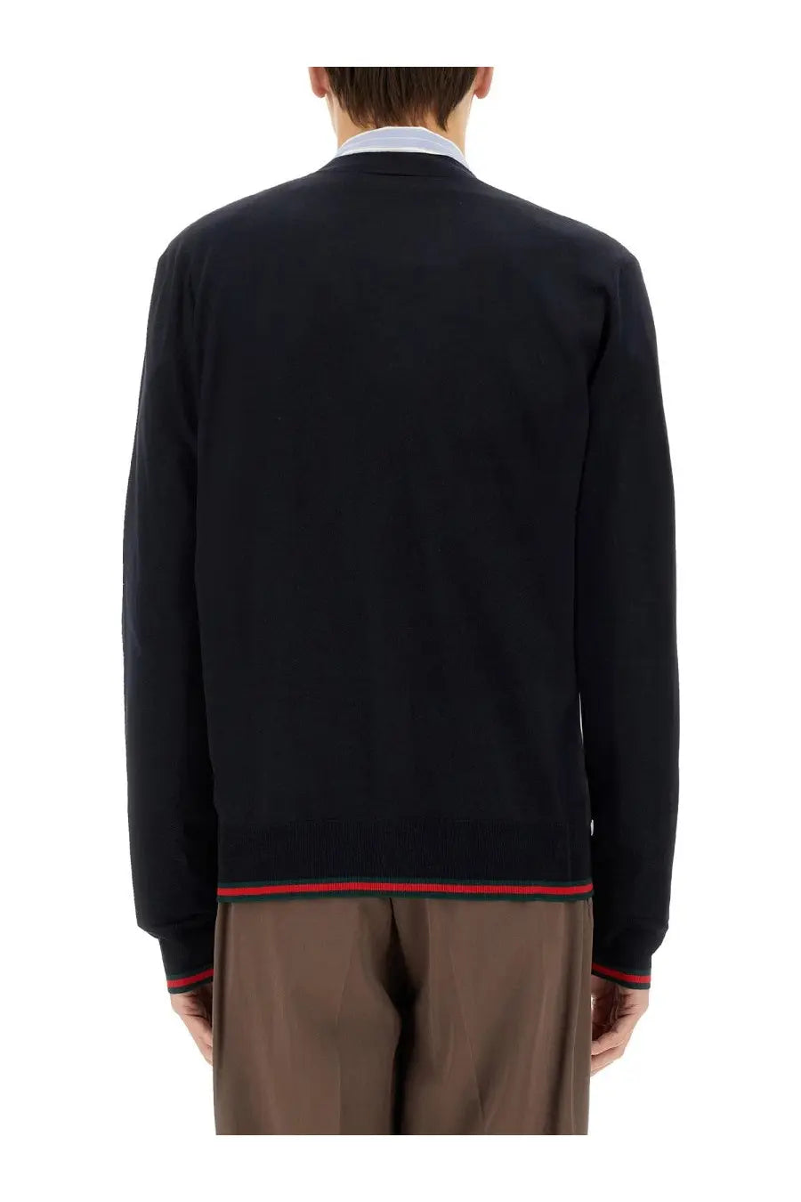 Gucci men’s knitted wool cardigan black with red and green striped trim at hem and cuffs front view