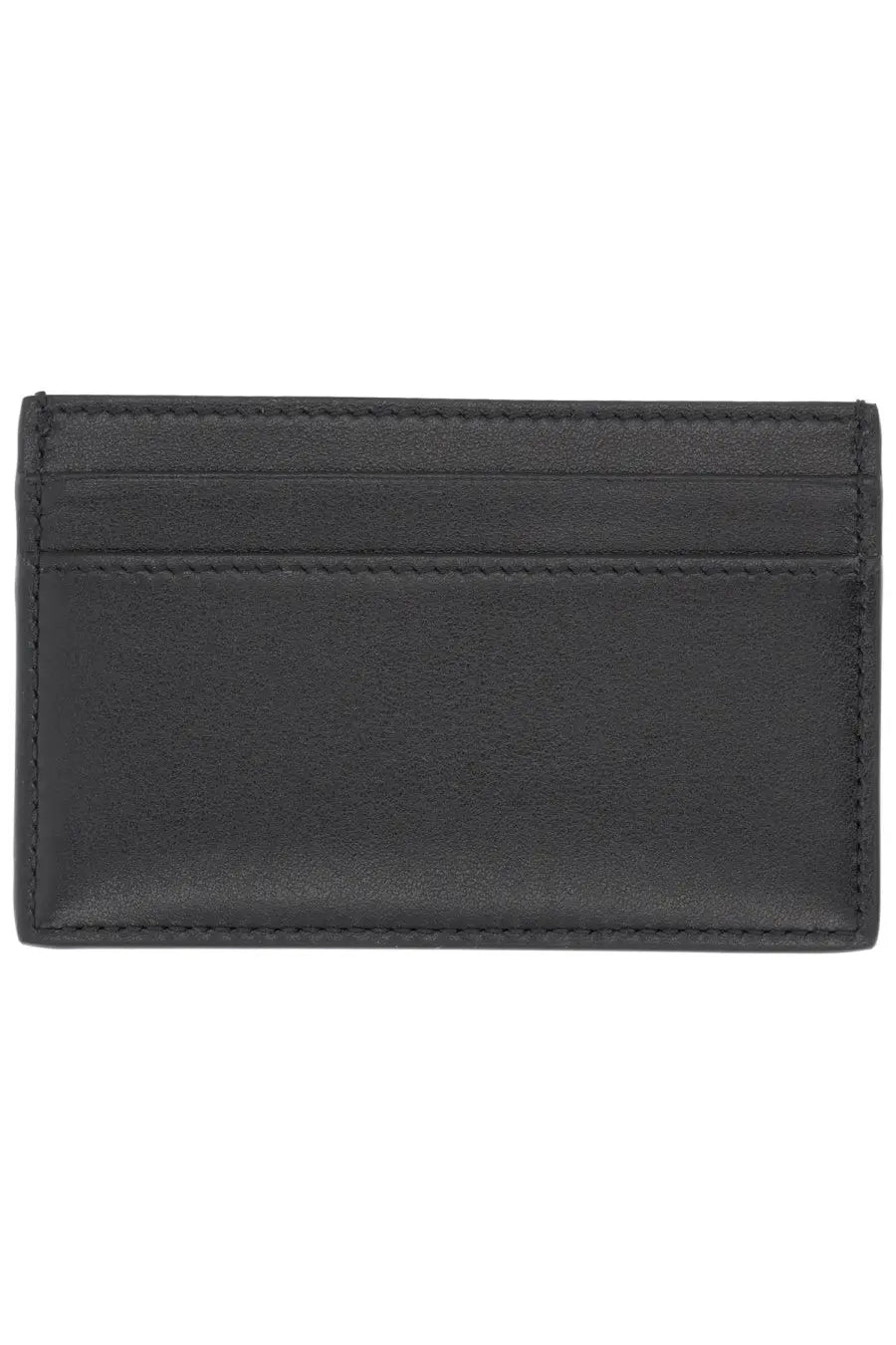 Gucci men’s black leather card holder with precise stitching and minimalist design front view