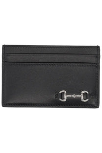 Gucci men’s black leather card holder with silver horsebit clasp front view