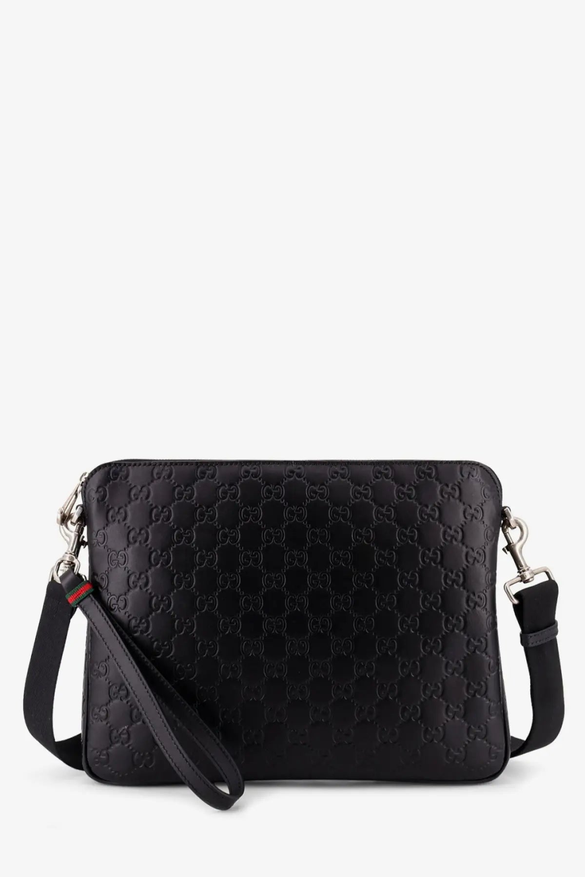 Gucci men’s black leather GG emblem crossbody bag with embossed leather, silver hardware, and detachable shoulder strap