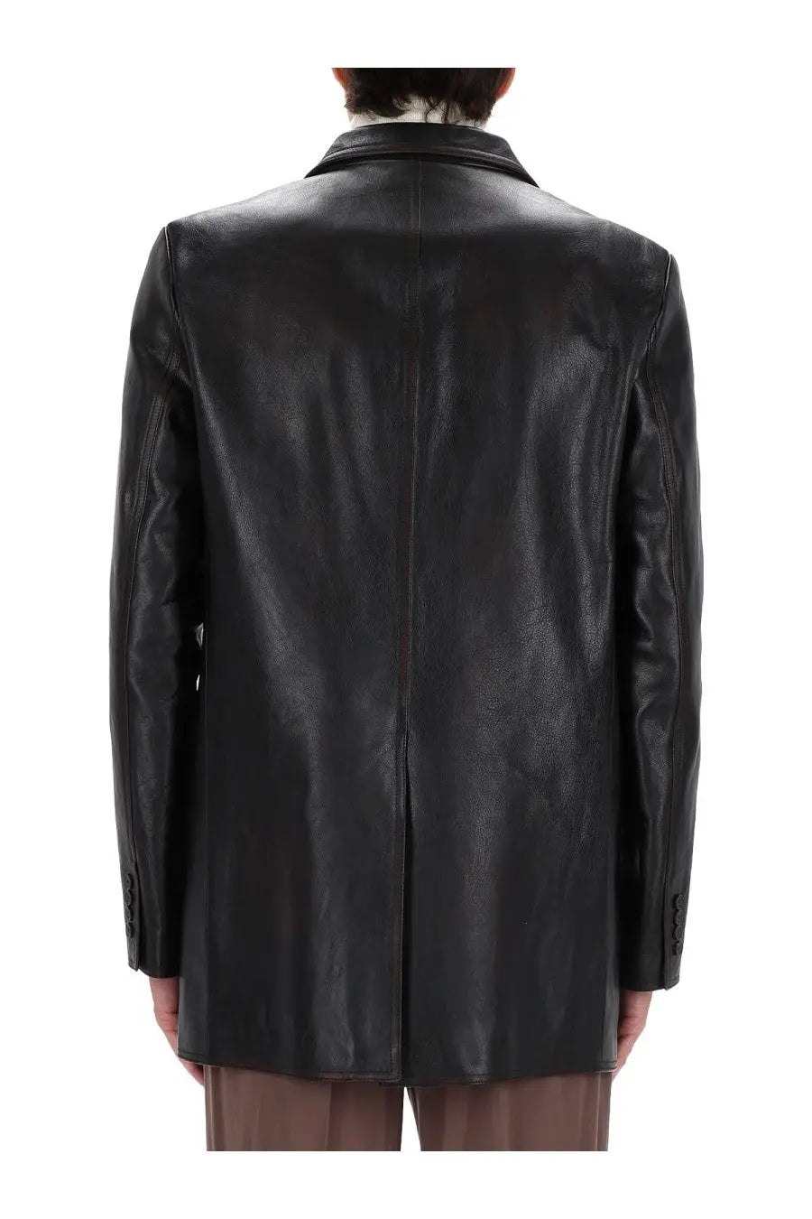 Gucci men’s black leather blazer with sleek minimalist design and subtle stitching details front view
