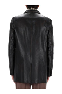 Gucci men’s black leather blazer with sleek minimalist design and subtle stitching details front view