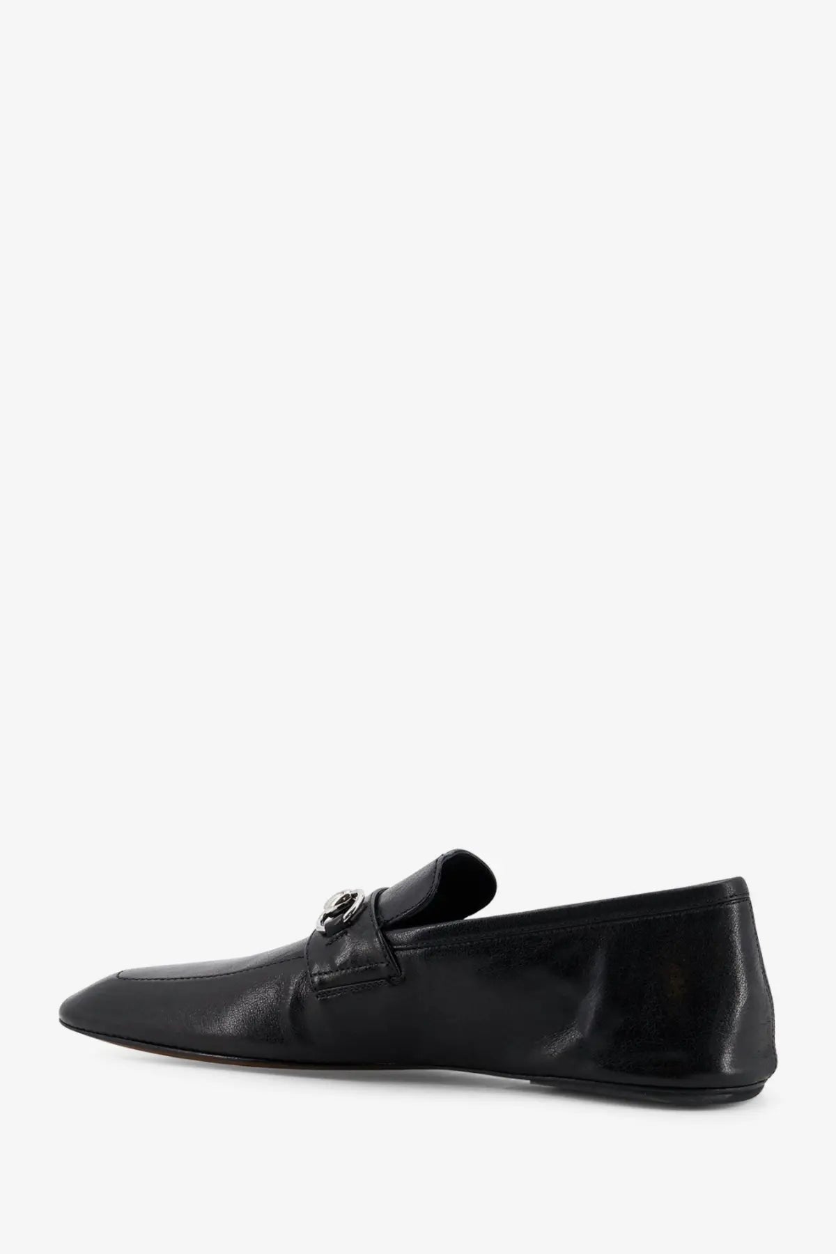 Gucci men’s black leather Ragazzo loafer with silver-toned metal buckle detail in front view