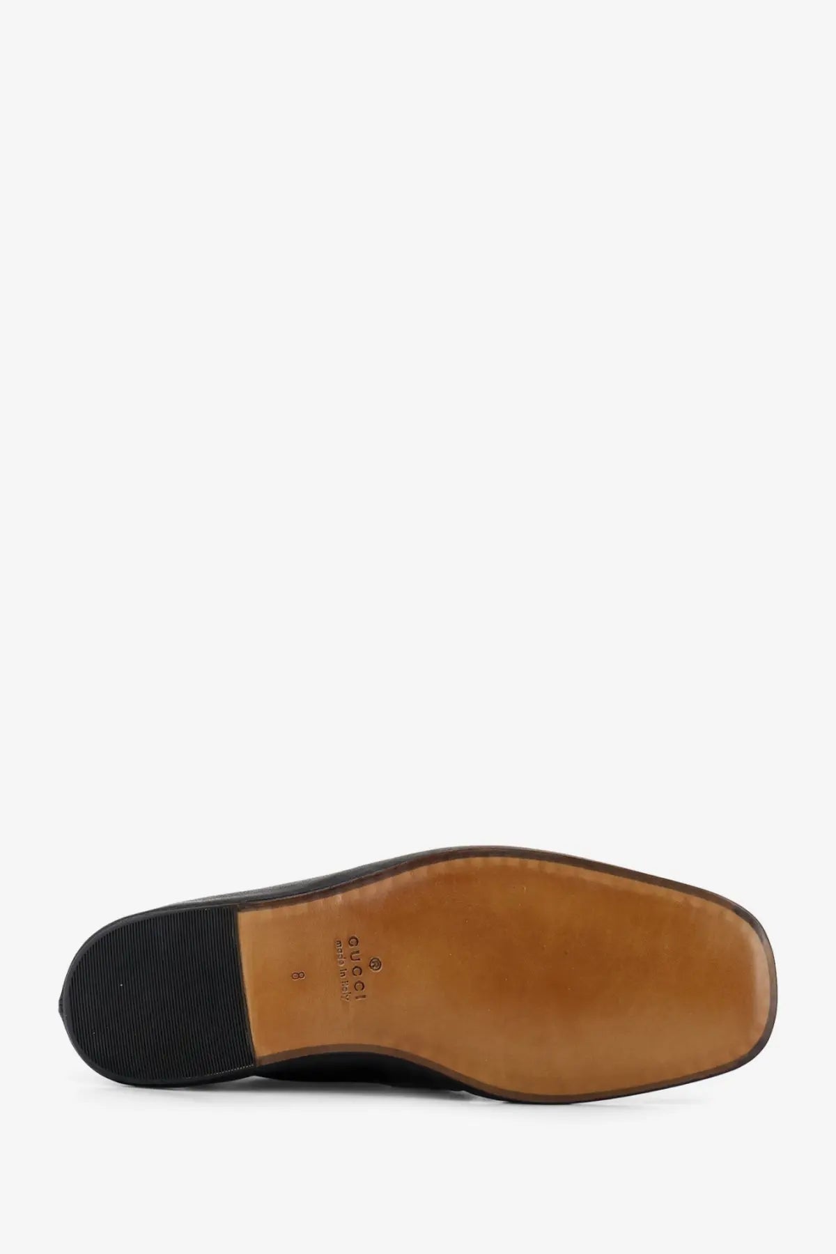 Gucci men’s leather Ragazzo loafers in black with tan rubber sole and square toe for stylish comfort