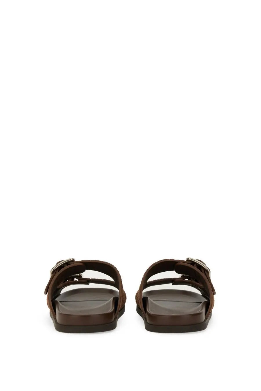 Gucci men’s brown leather slide sandals with two straps and silver-toned buckles for casual wear
