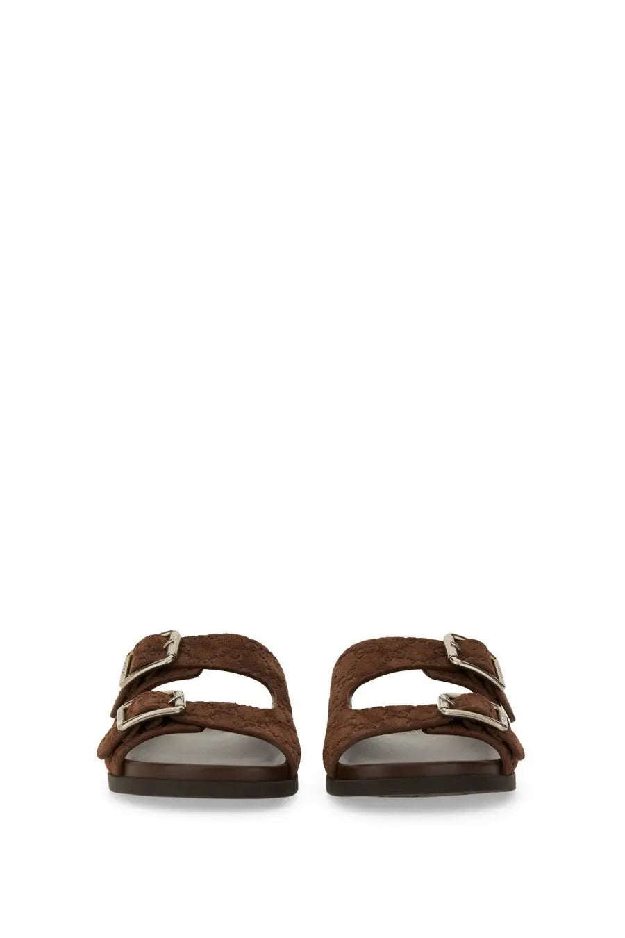 Brown suede gucci men’s leather slider sandal with double buckle straps and signature gg monogram pattern