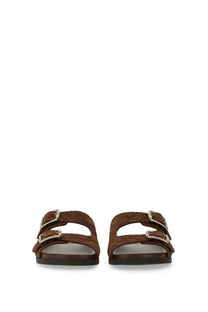 Brown suede gucci men’s leather slider sandal with double buckle straps and signature gg monogram pattern