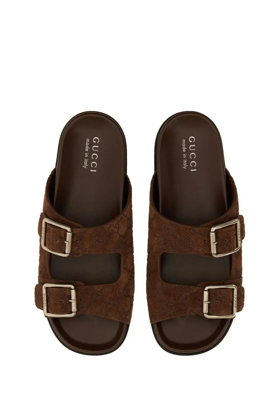 Gucci men’s brown suede leather slide sandals with double buckle straps and classic logo pattern