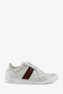 Gucci men’s white leather sneakers featuring a red and green striped band on the side