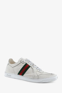 White Gucci men’s leather sneaker with red and green striped band across the side for casual wear