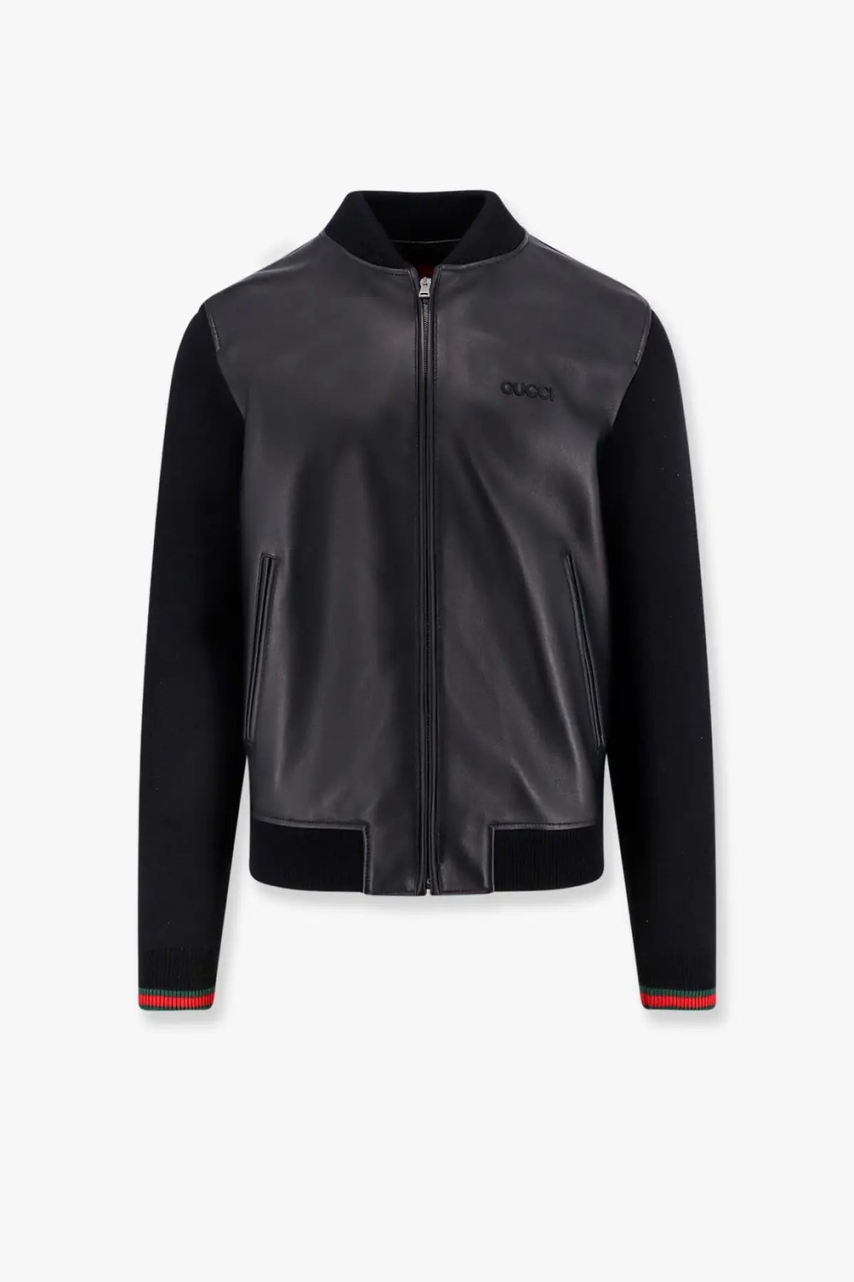 Gucci men’s black leather and wool bomber jacket with knit red and green striped cuffs and hem