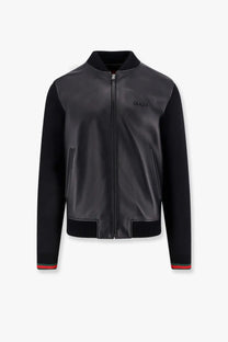 Gucci men’s black leather and wool bomber jacket with knit red and green striped cuffs and hem