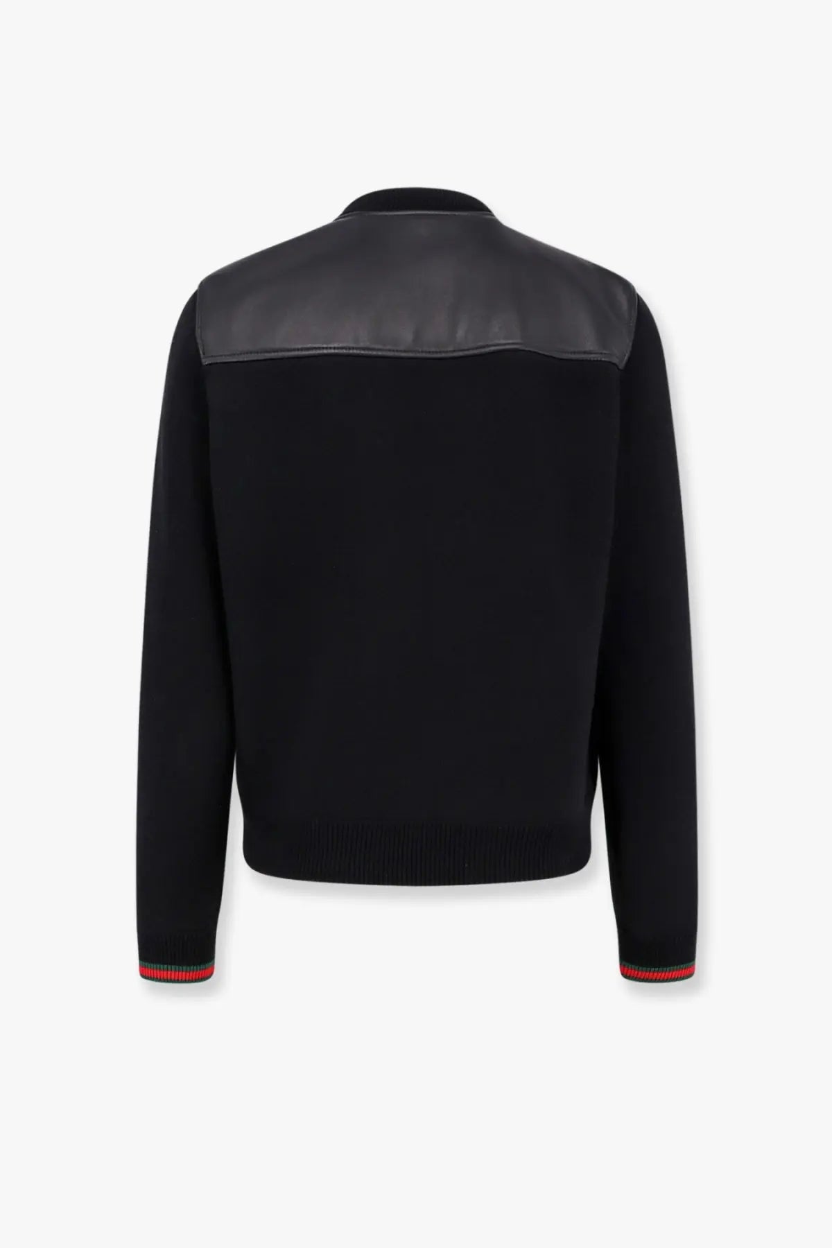 Gucci men’s black knit bomber jacket with contrasting matte leather shoulders and red green striped cuffs