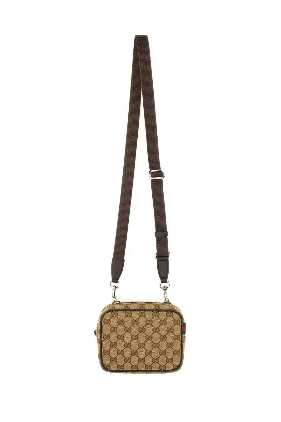 Beige and brown gucci gg supreme canvas crossbody bag with adjustable strap in men’s mini gg bag beige style