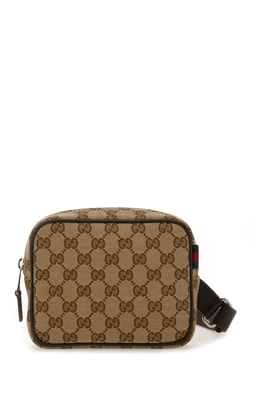 Beige and brown gucci men’s mini gg crossbody bag in gg supreme canvas with black leather trim