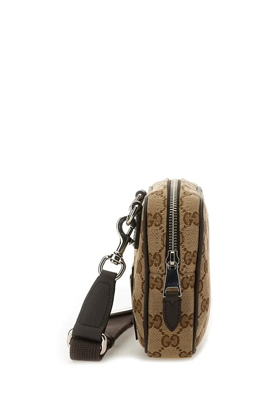 Beige and brown Gucci men’s mini gg bag in canvas with black leather trim and silver-tone hardware crossbody design