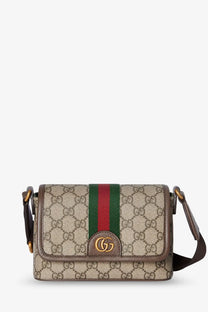 Gucci men’s mini Ophidia GG fabric crossbody bag in beige and brown canvas with red green web stripe and gold hardware