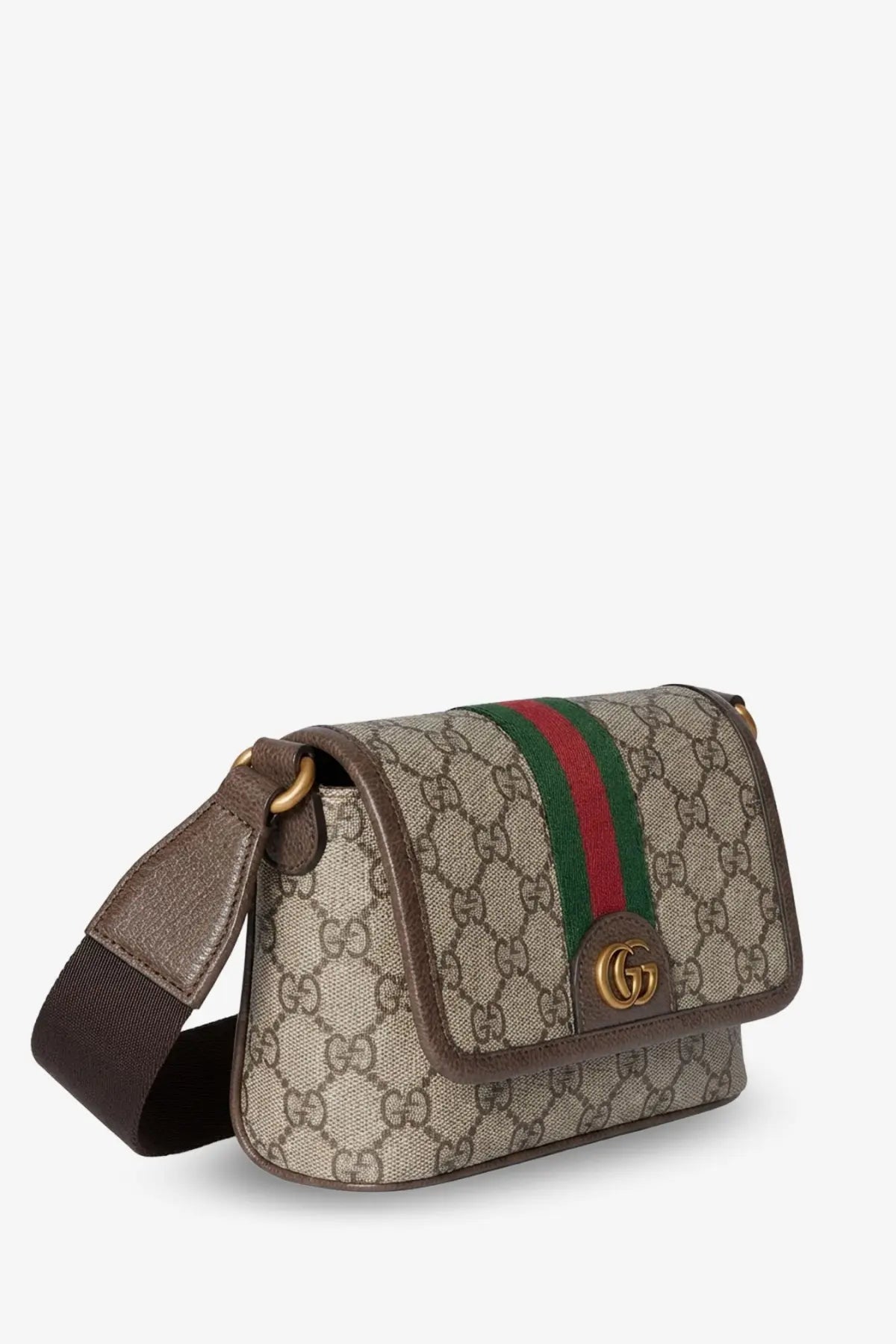 Gucci men’s mini Ophidia GG fabric crossbody bag in beige and brown with green red striped webbing and gold hardware