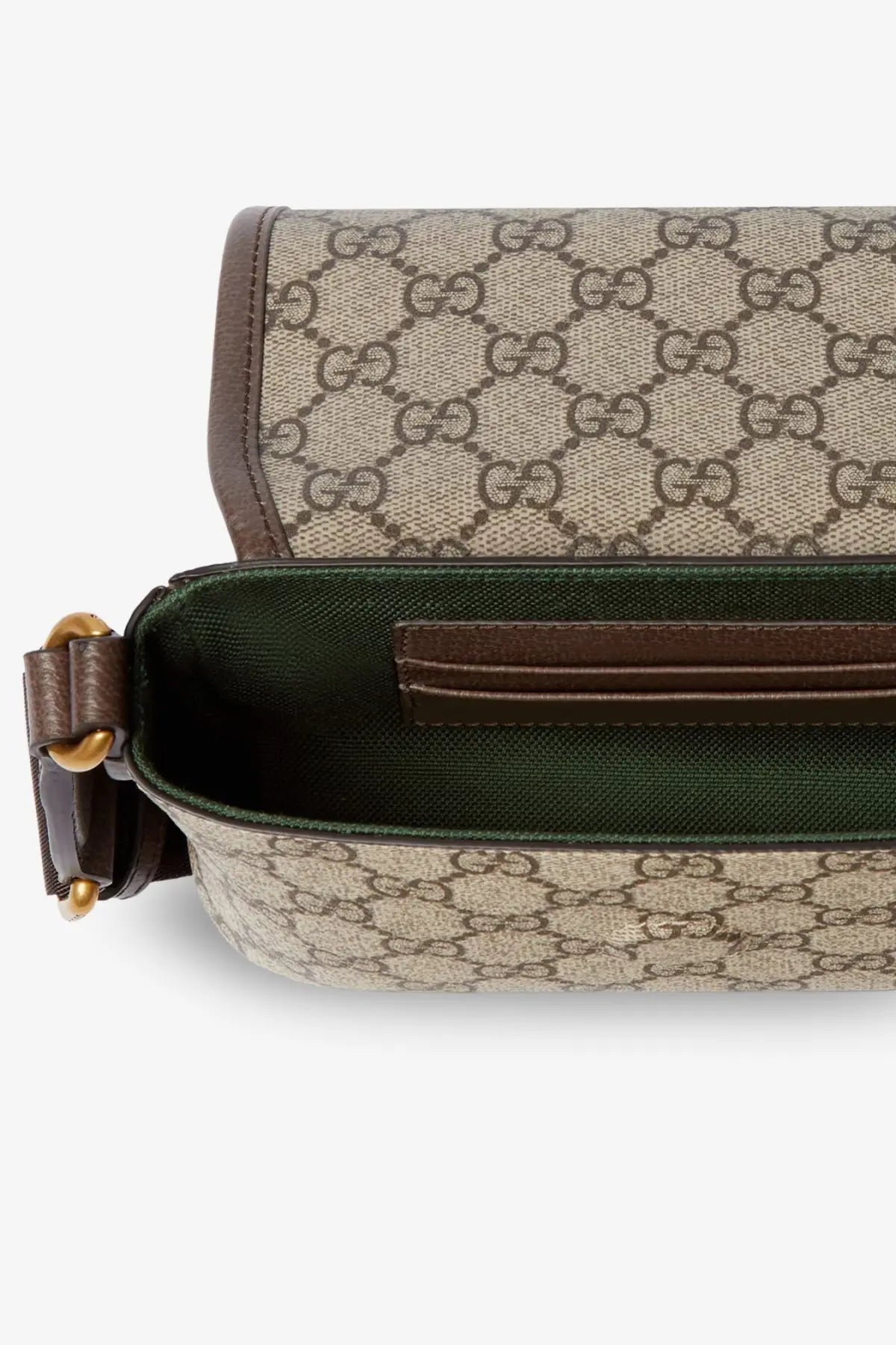 Beige and brown gucci gg supreme canvas men’s mini ophidia crossbody bag with dark green interior lining