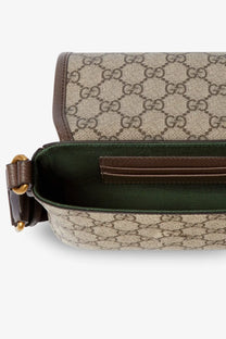 Beige and brown gucci gg supreme canvas men’s mini ophidia crossbody bag with dark green interior lining