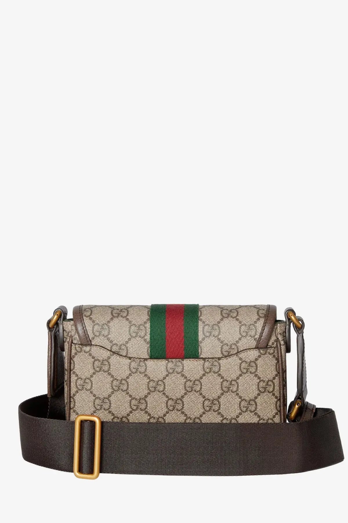 Beige and brown Gucci GG supreme canvas crossbody bag with red and green striped webbing for men