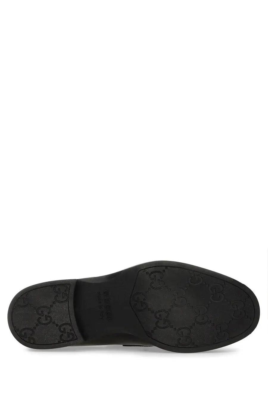 Black Gucci men’s moccasin loafers with classic double G logo embossed on the rubber sole