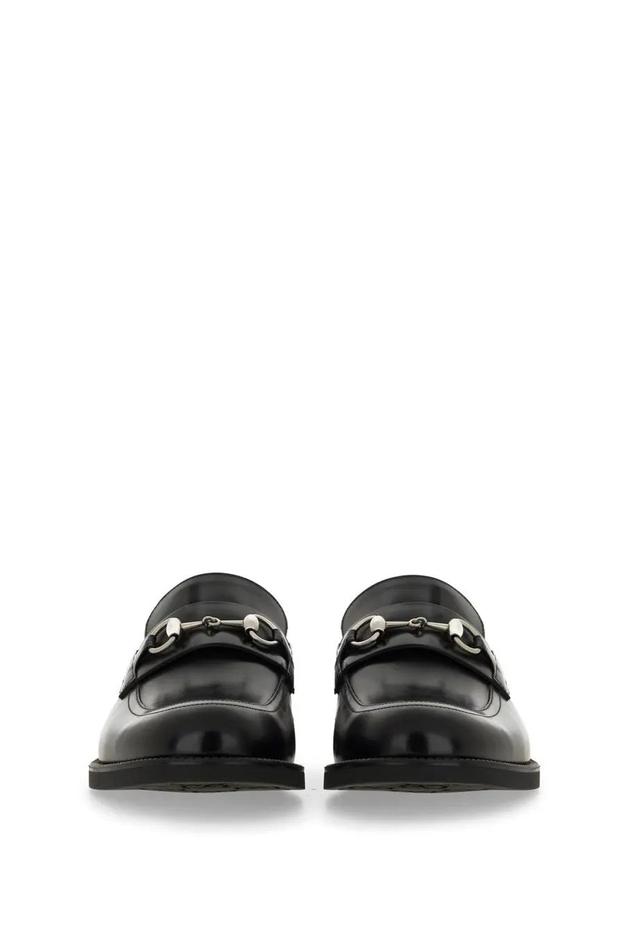 Gucci men’s moccasin black patent leather loafers with silver horsebit buckle in front view