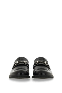 Gucci men’s moccasin black patent leather loafers with silver horsebit buckle in front view