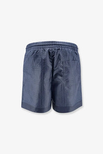Gucci men’s dark blue nylon swim trunks with subtle geometric pattern and elastic waistband for comfortable wear
