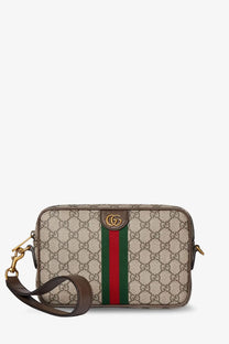 Beige and brown gucci gg supreme canvas crossbody bag with red and green striped webbing and gold-tone hardware