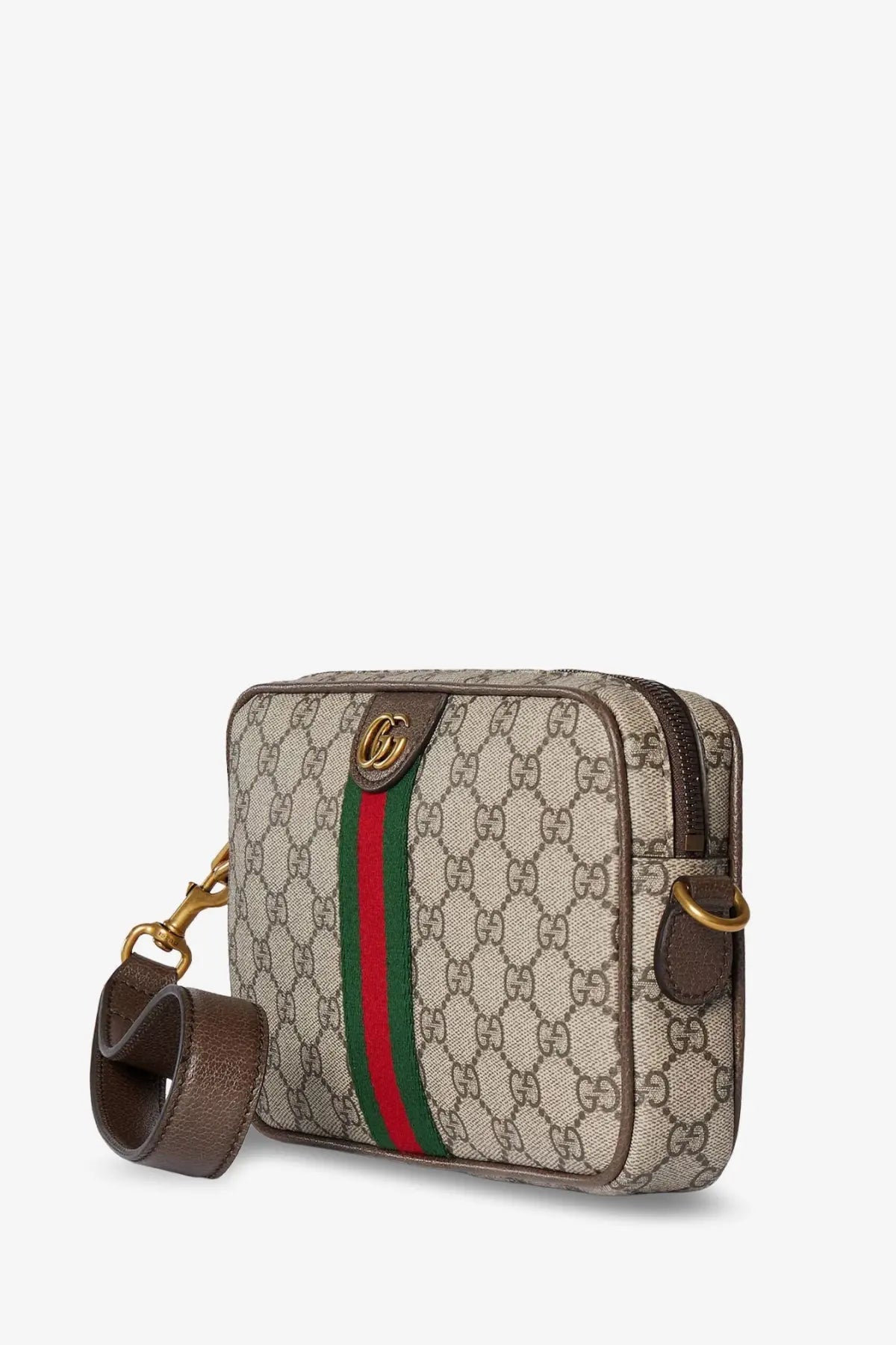 Beige and brown gucci men’s ophidia gg supreme fabric crossbody bag with red and green stripe and gold hardware
