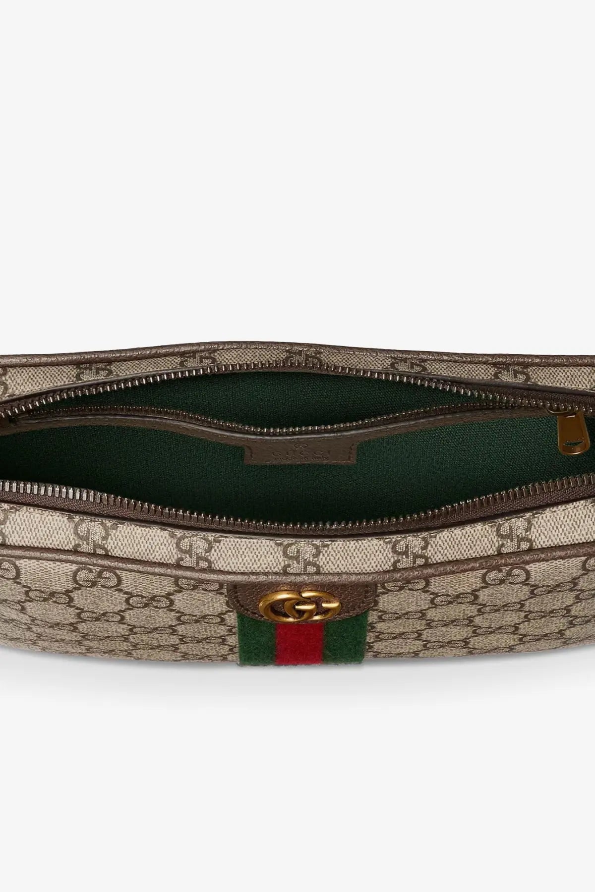 Beige and brown Gucci men’s Ophidia GG supreme fabric belt bag with green interior lining and crossbody design