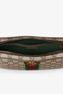 Beige and brown Gucci men’s Ophidia GG supreme fabric belt bag with green interior lining and crossbody design
