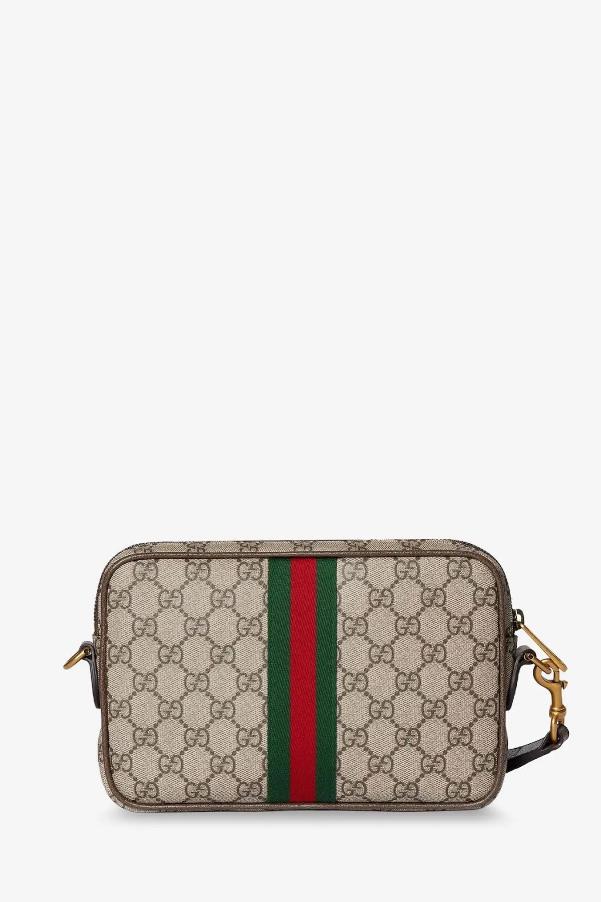 Beige Gucci men’s Ophidia GG supreme fabric crossbody bag with brown monogram canvas and red green webbing band