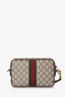 Beige Gucci men’s Ophidia GG supreme fabric crossbody bag with brown monogram canvas and red green webbing band