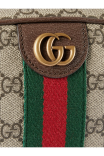 Brown leather patch with gold-tone interlocking gg logo on beige canvas gucci men’s ophidia gg supreme fabric shoulder bag