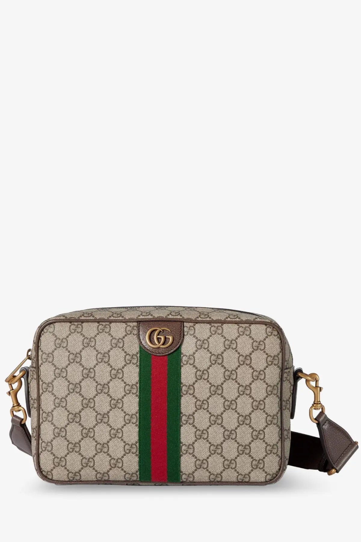 Beige and brown Gucci Ophidia GG supreme canvas crossbody bag with red and green striped shoulder strap