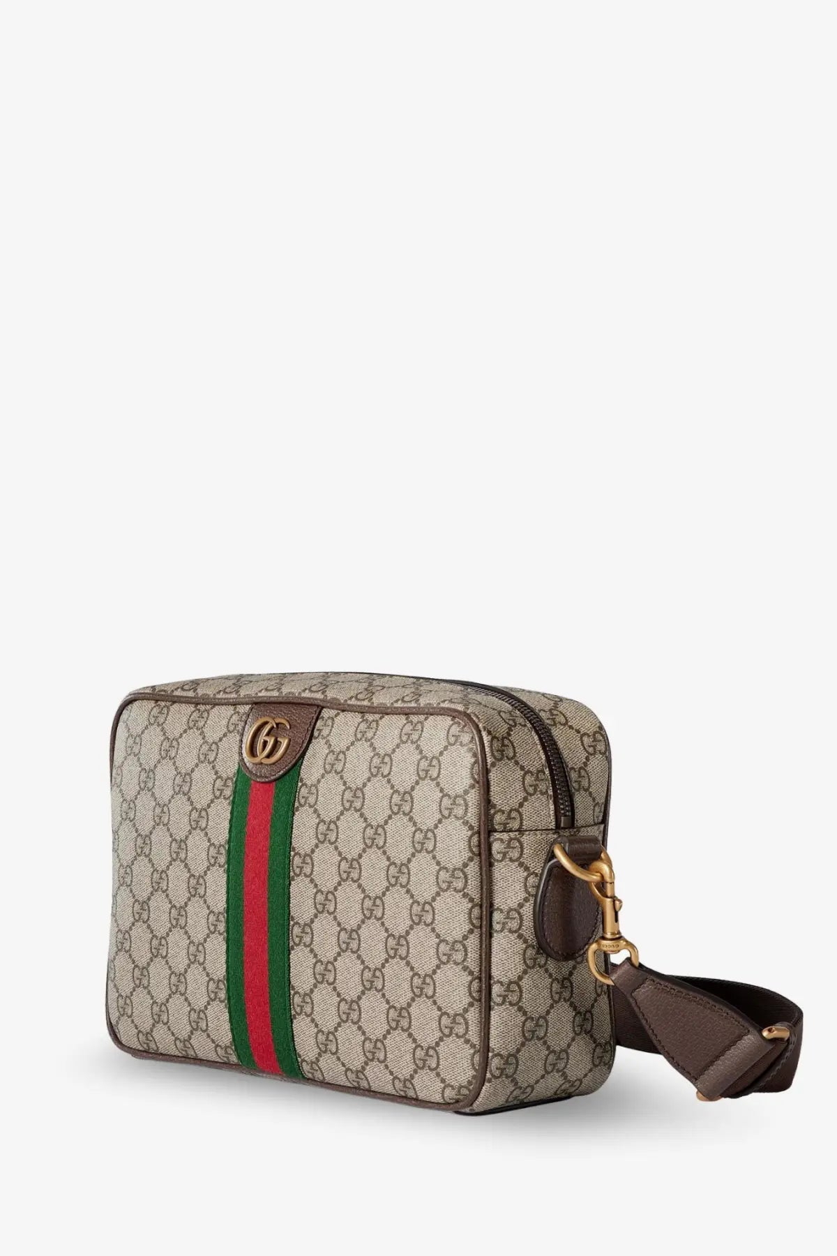 Beige and brown Gucci men’s Ophidia GG supreme fabric shoulder bag with green red stripe gold-tone hardware and adjustable strap