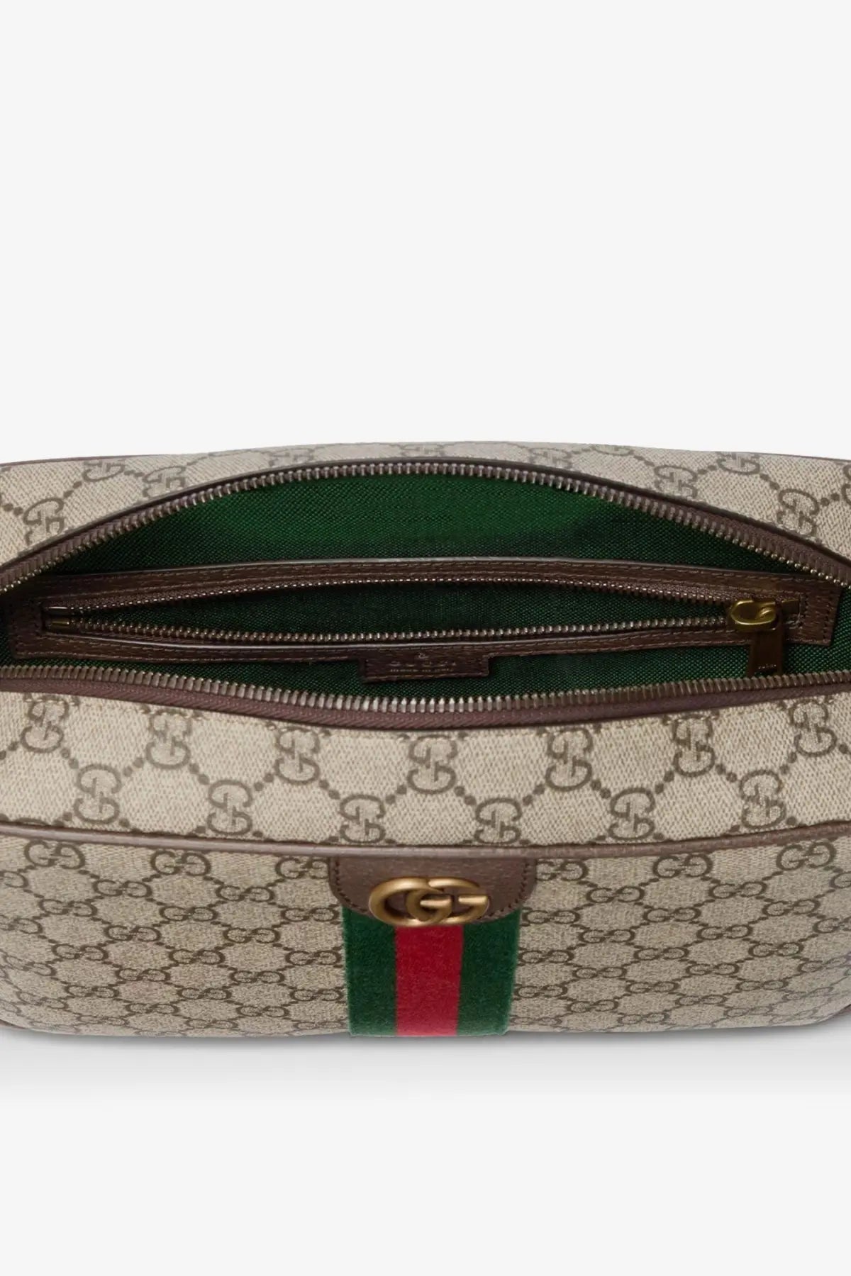 Beige and brown gucci gg supreme canvas belt bag with green interior lining for men shoulder use