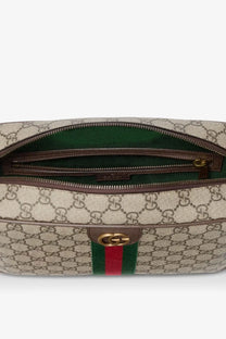 Beige and brown gucci gg supreme canvas belt bag with green interior lining for men shoulder use