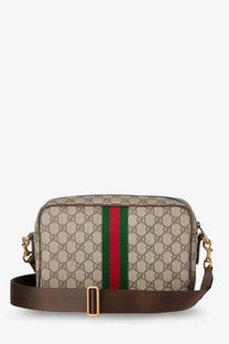 Beige and brown gucci men’s ophidia gg supreme fabric shoulder bag with signature gg canvas and red green webbing detail