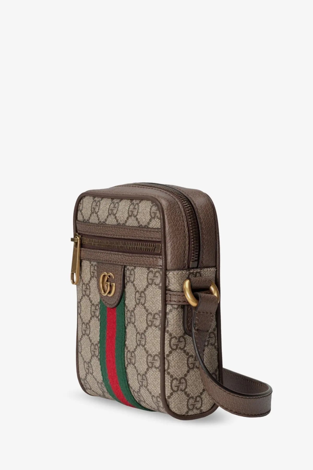 Gucci men’s Ophidia mini shoulder bag in beige gg supreme canvas with red-green striped band and gold-tone hardware