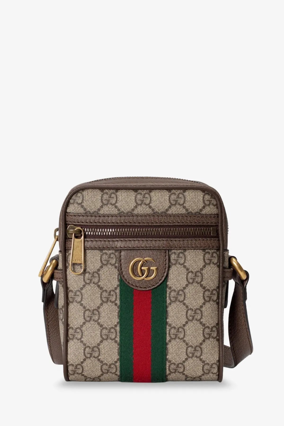 Gucci men’s Ophidia mini shoulder bag in brown and beige GG supreme canvas with red and green striped webbing detail